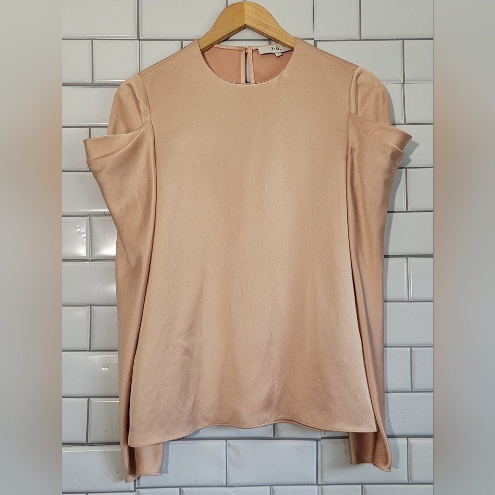 TIBI Ladies Satin Like Long Slender Sleeve Blouse Draped Fabric Arm Detail Medi